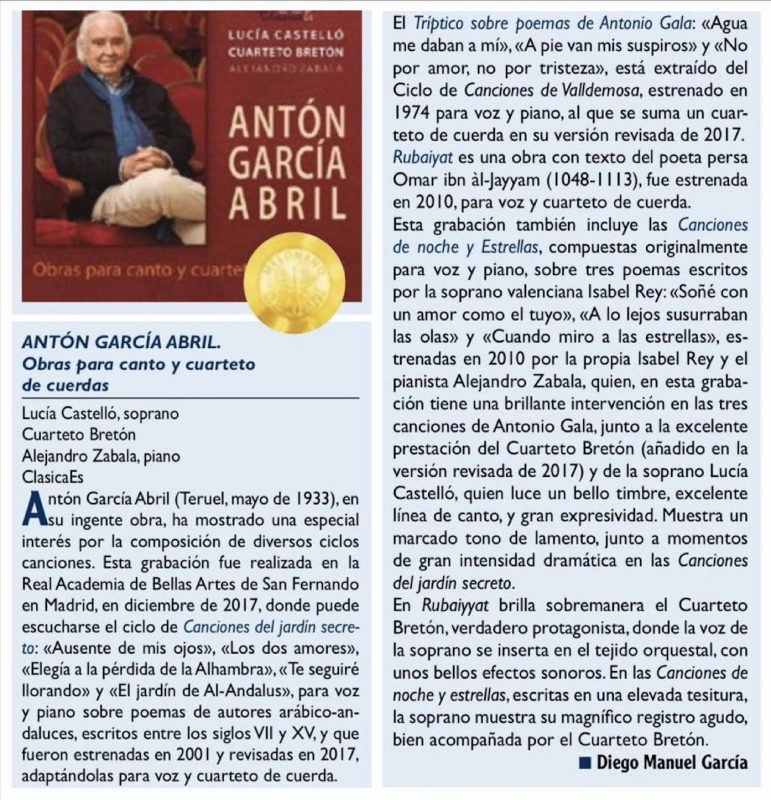 Reseña en Melómano del Melómano de Oro concedido al Cuarteto Bretón por su disco de obras de Antón García Abril con Lucía Castelló